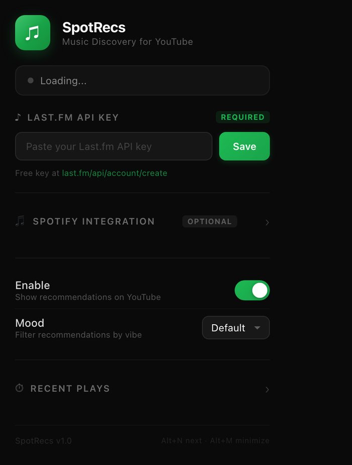 The SpotRecs settings popup with a Last.fm API key field, optional Spotify integration, enable toggle and mood filter