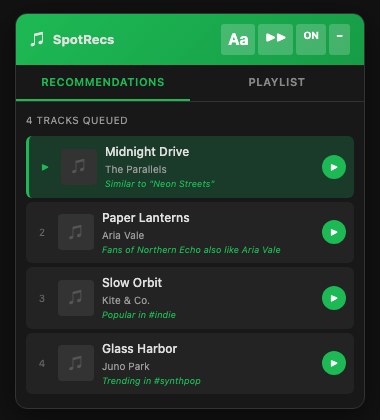 The SpotRecs queue widget showing eight queued tracks, each with a short reason line